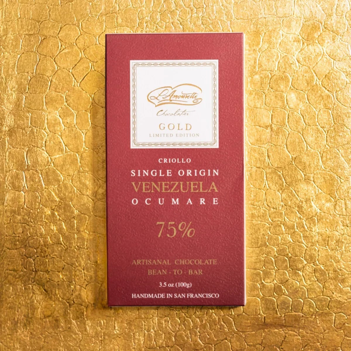 L'Amourette Chocolat Ocumare 75% Dark Chocolate Bar, front of the package