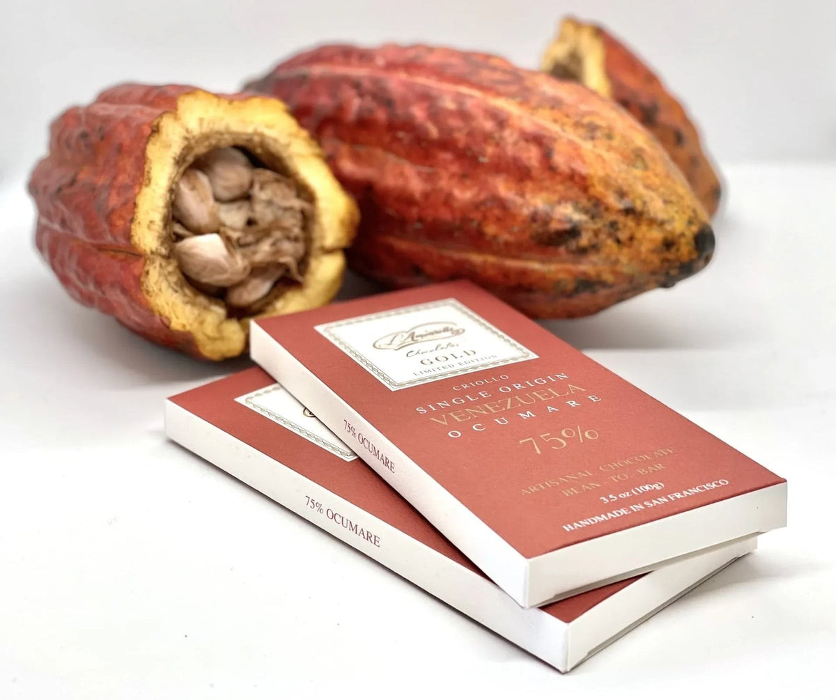 L'Amourette Chocolat Ocumare 75% Dark Chocolate Bar styled on a table