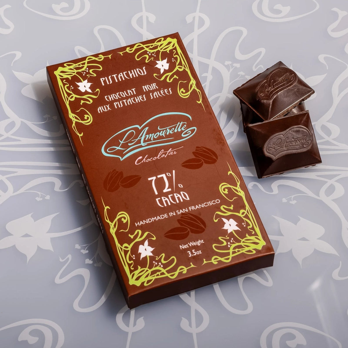 L'Amourette Chocolat 72% Dark Chocolate with Salted Pistachios Bar, front of the package
