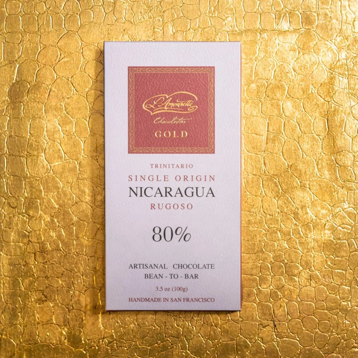 L'Amourette Chocolat Rugoso Nicaragua 80% Dark Chocolate Bar, front of the package