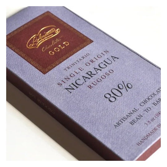 L'Amourette Chocolat Rugoso Nicaragua 80% Dark Chocolate Bar styled on a table