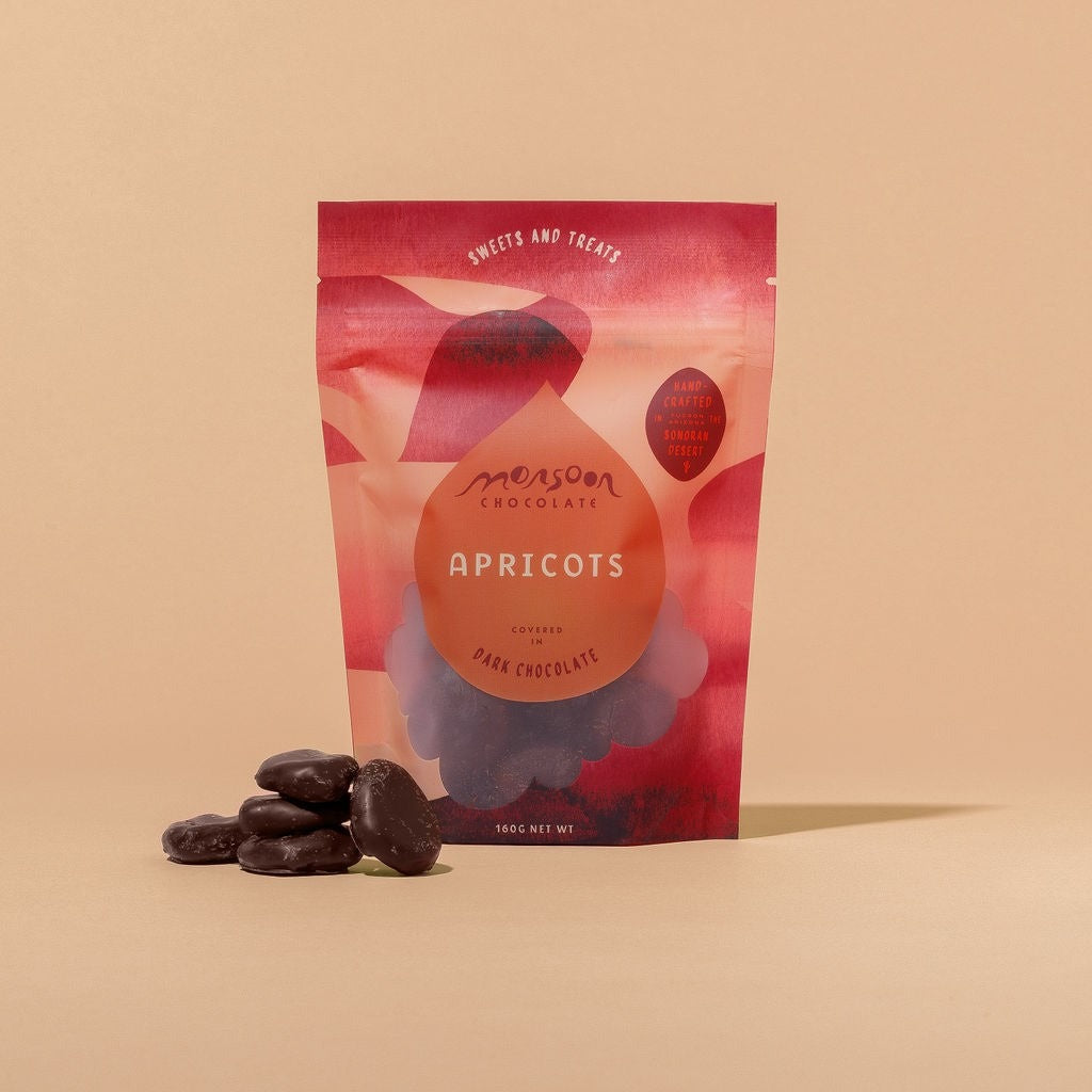 Close-up of Monsoon Chocolate Dark Chocolate Covered Apricots as it comes out of the package