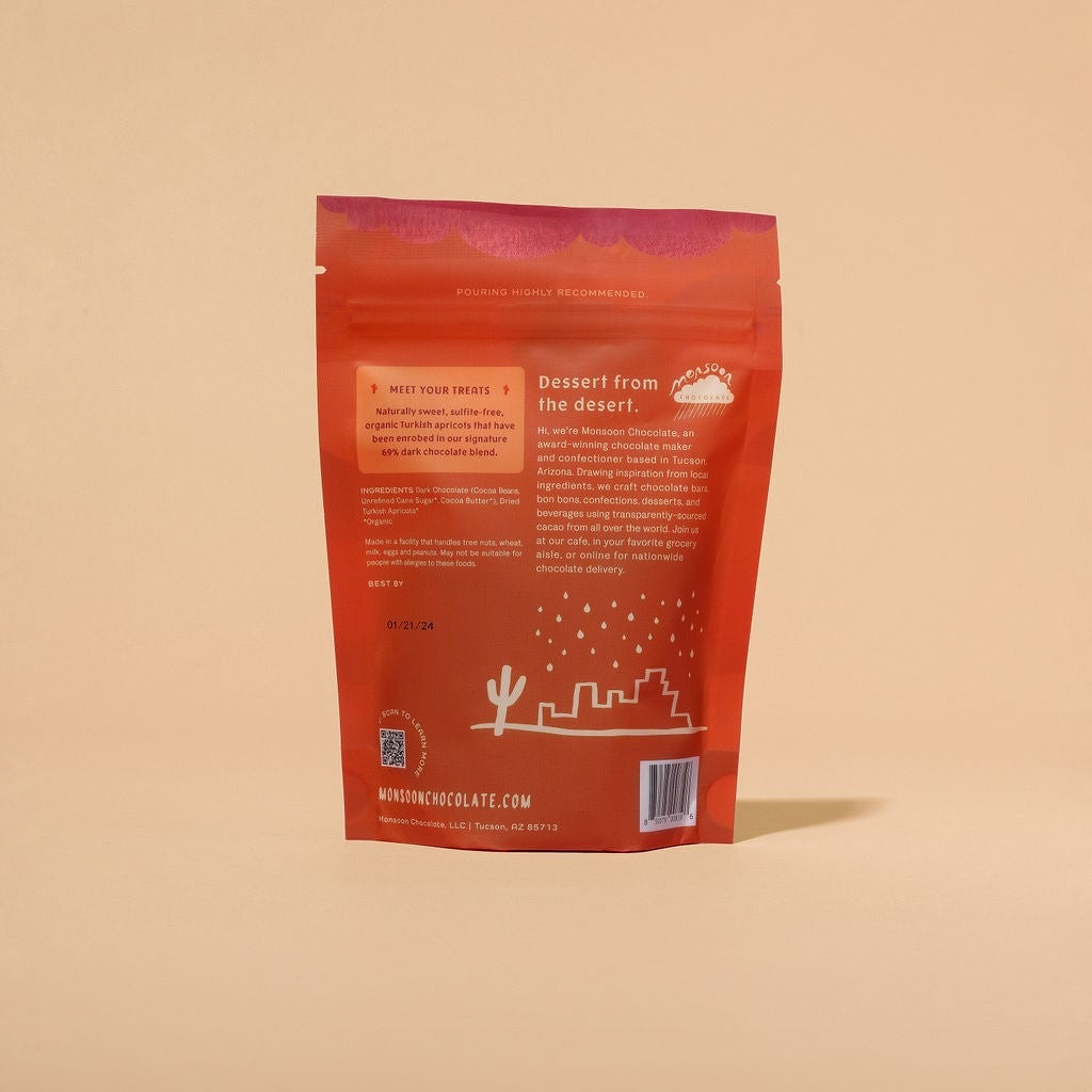 Back of the Monsoon Chocolate Dark Chocolate Covered Apricots package, with ingredients and brewing instructions