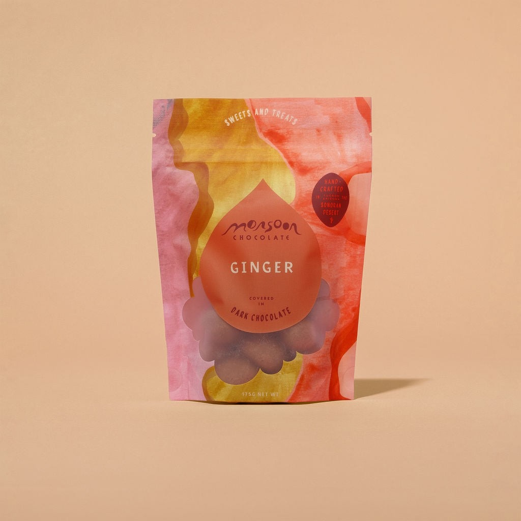 Monsoon Chocolate Dark Chocolate Covered Ginger, front of the package