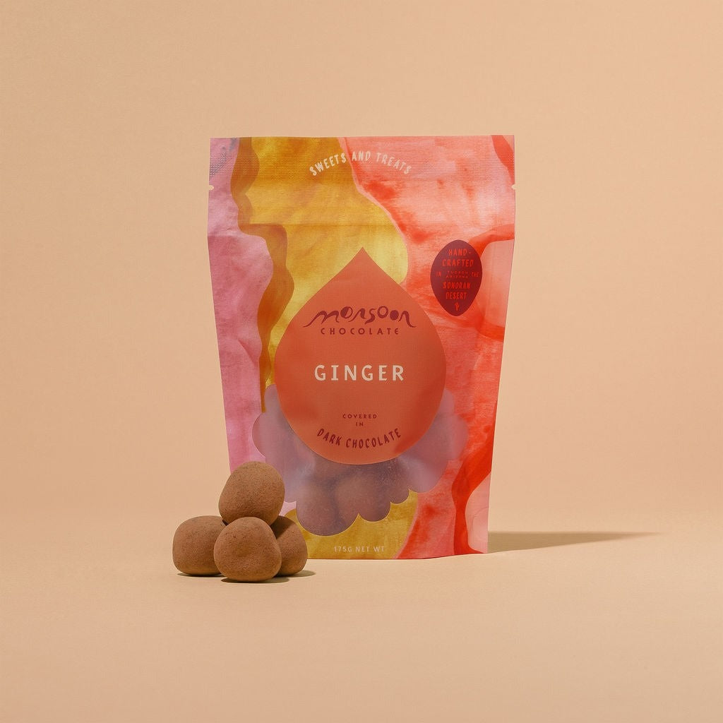 Close-up of Monsoon Chocolate Dark Chocolate Covered Ginger as it comes out of the package