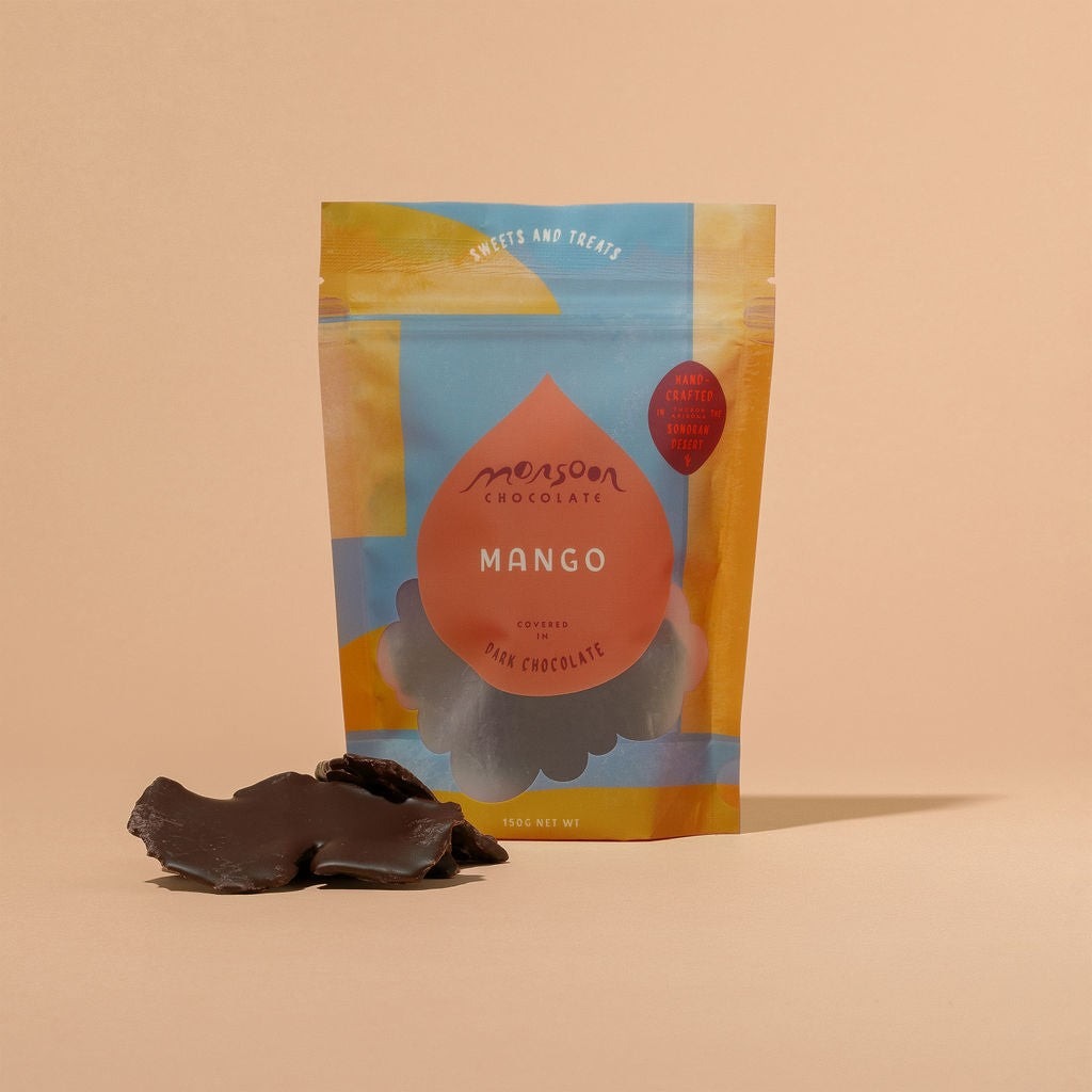 Close-up of Monsoon Chocolate Dark Chocolate Covered Mango as it comes out of the package