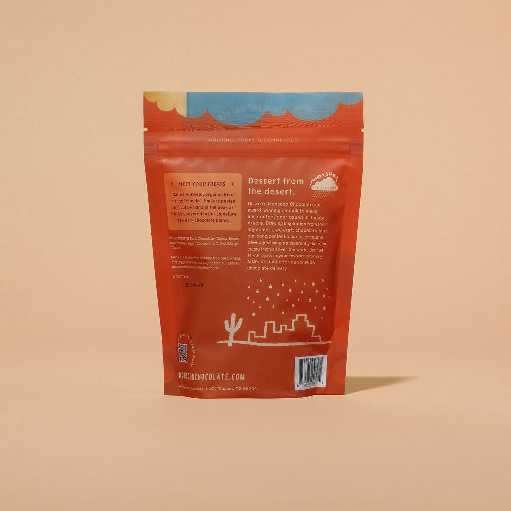 Back of the Monsoon Chocolate Dark Chocolate Covered Mango package, with ingredients and brewing instructions