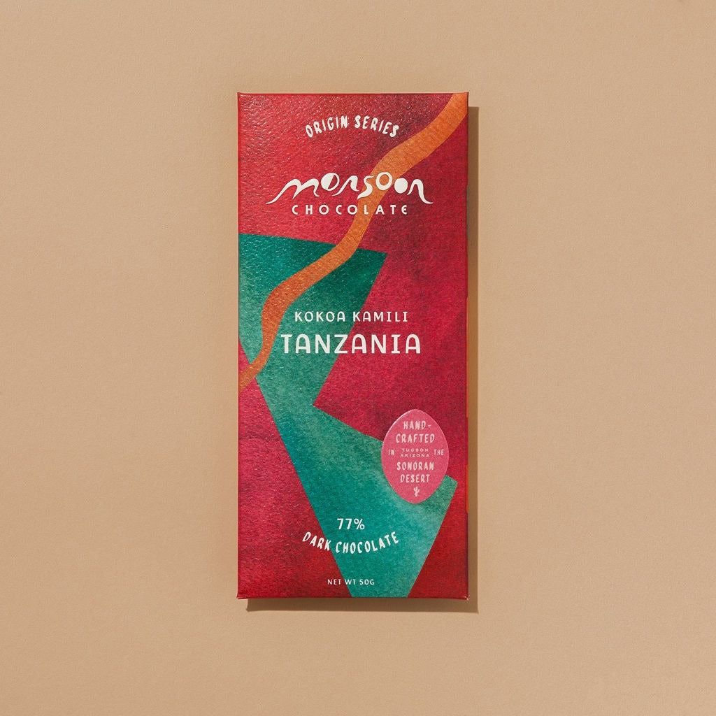 Monsoon Chocolate Kokoa Kamili Tanzania 77% Dark Chocolate Bar, front of the package