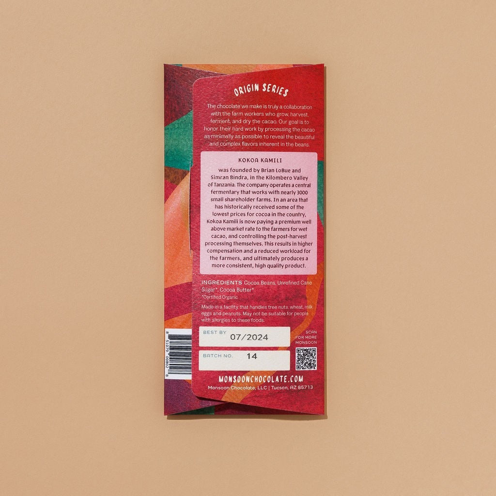 Back of the Monsoon Chocolate Kokoa Kamili Tanzania 77% Dark Chocolate Bar package, with ingredients and brewing instructions