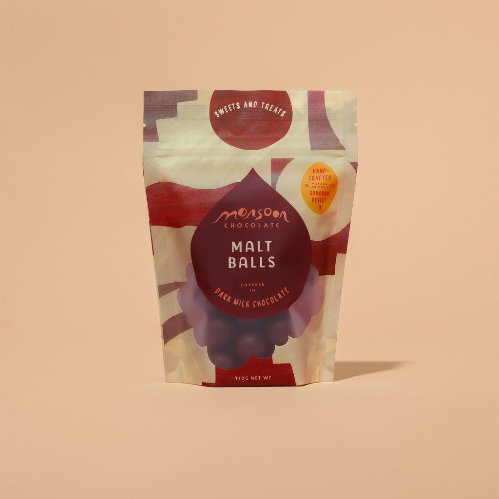 Monsoon Chocolate Dark Milk Chocolate Covered Malt Balls, front of the package