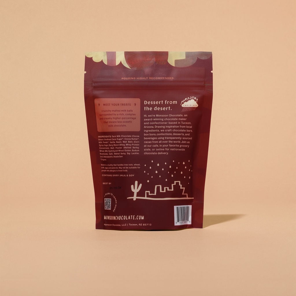 Back of the Monsoon Chocolate Dark Milk Chocolate Covered Malt Balls package, with ingredients and brewing instructions