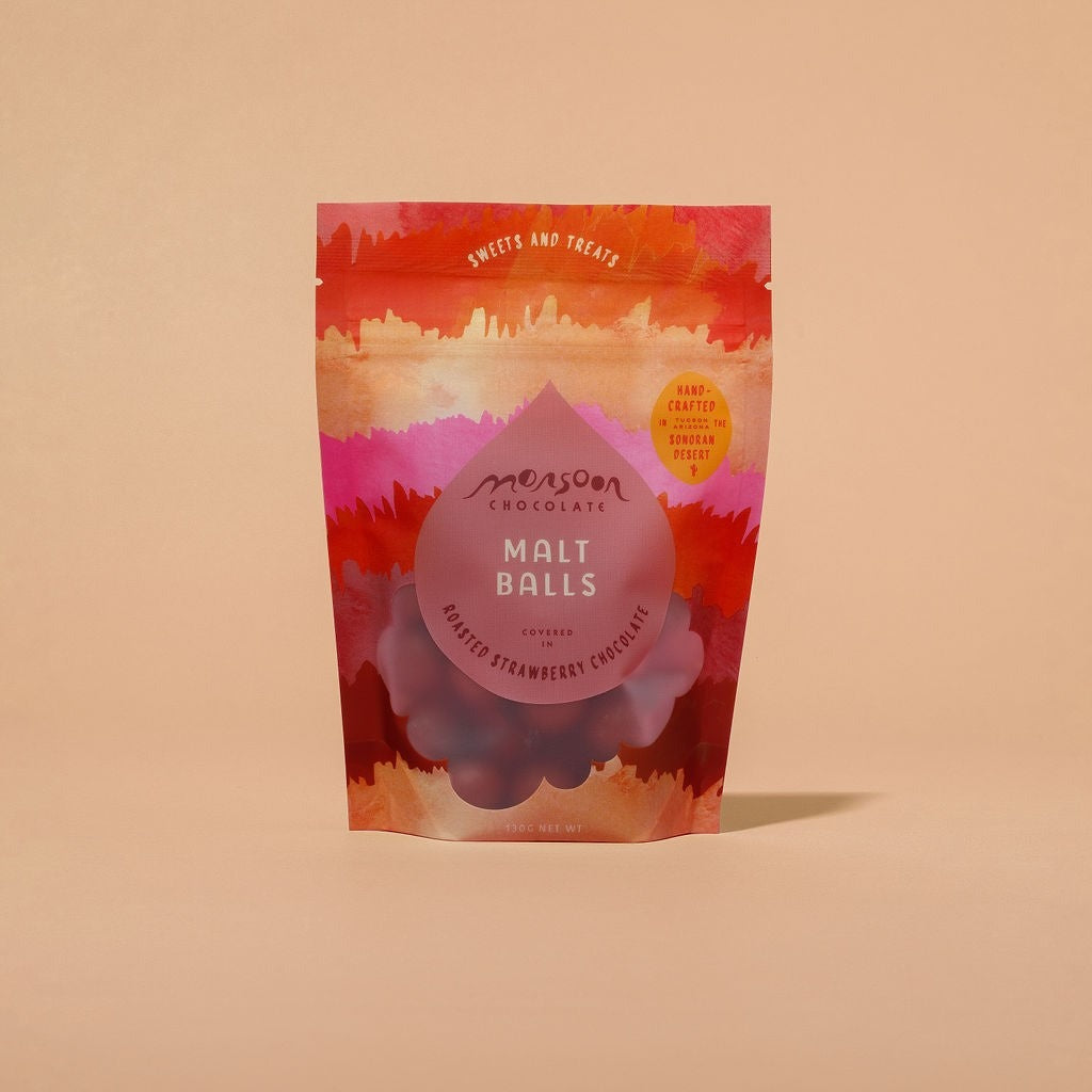 Monsoon Chocolate Roasted Strawberry Chocolate Covered Malt Balls, front of the package
