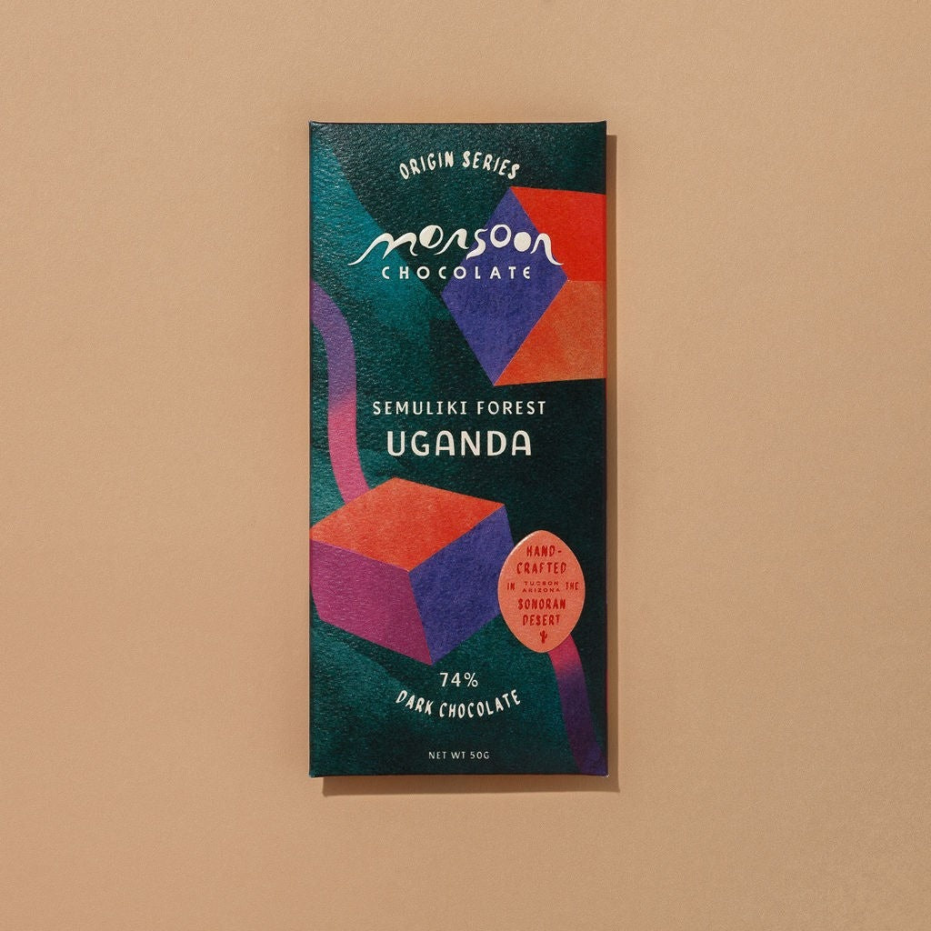 Monsoon Chocolate Semuliki Forest Uganda 74% Dark Chocolate Bar, front of the package