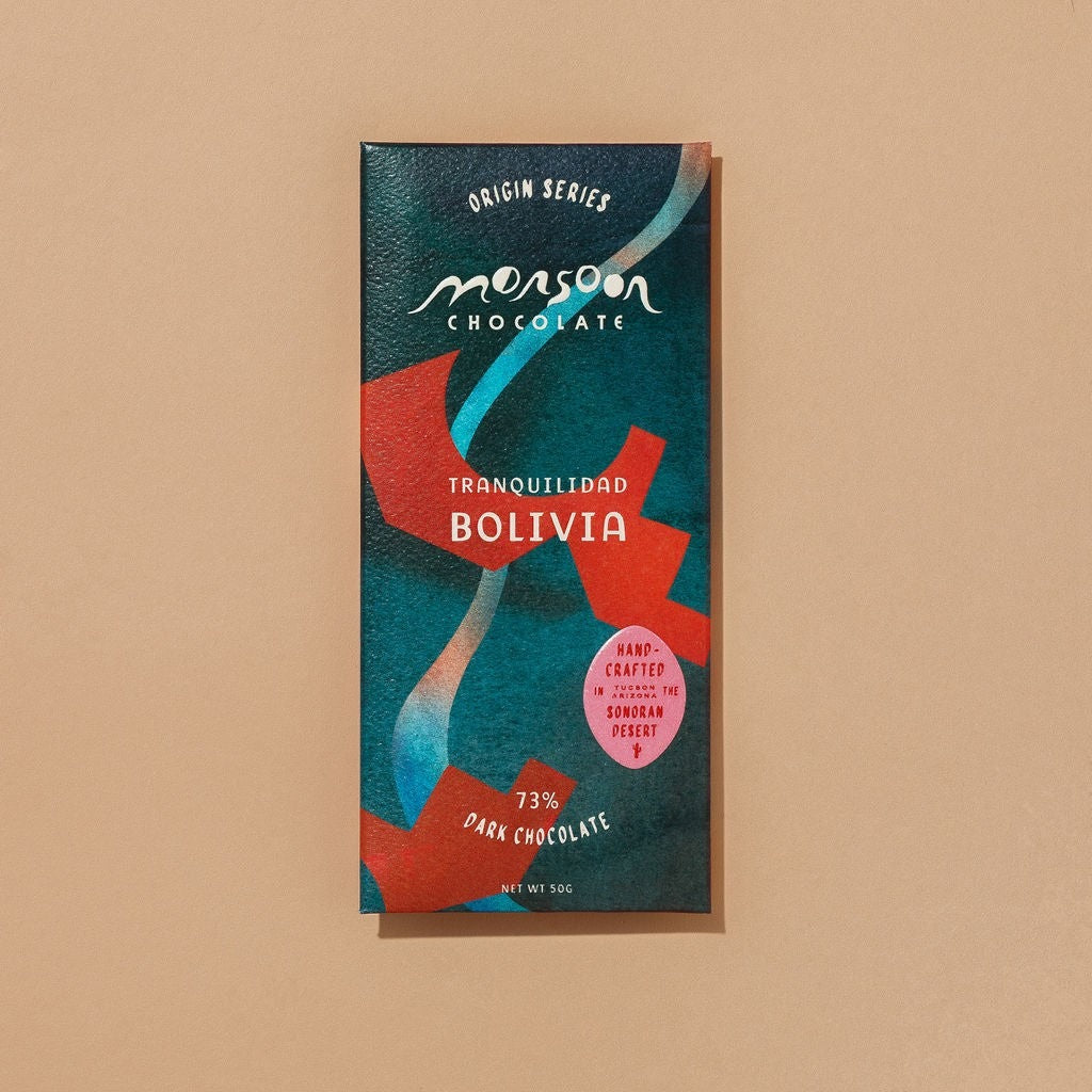 Monsoon Chocolate Tranquilidad Bolivia 73% Dark Chocolate Bar, front of the package