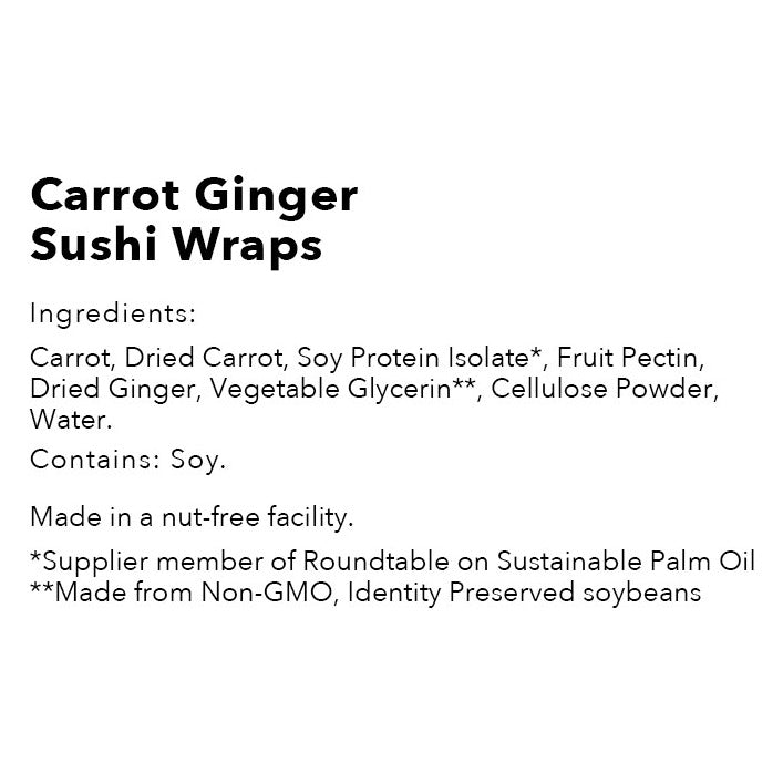 Back of the NewGem Foods Carrot Ginger Sushi Wraps package, with ingredients and brewing instructions