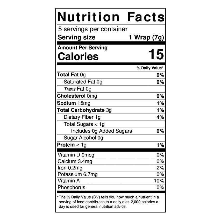 Nutrition facts and ingredient panel for NewGem Foods Carrot Ginger Sushi Wraps