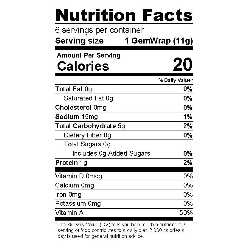 Nutrition facts and ingredient panel for NewGem Foods Carrot Sandwich Wraps