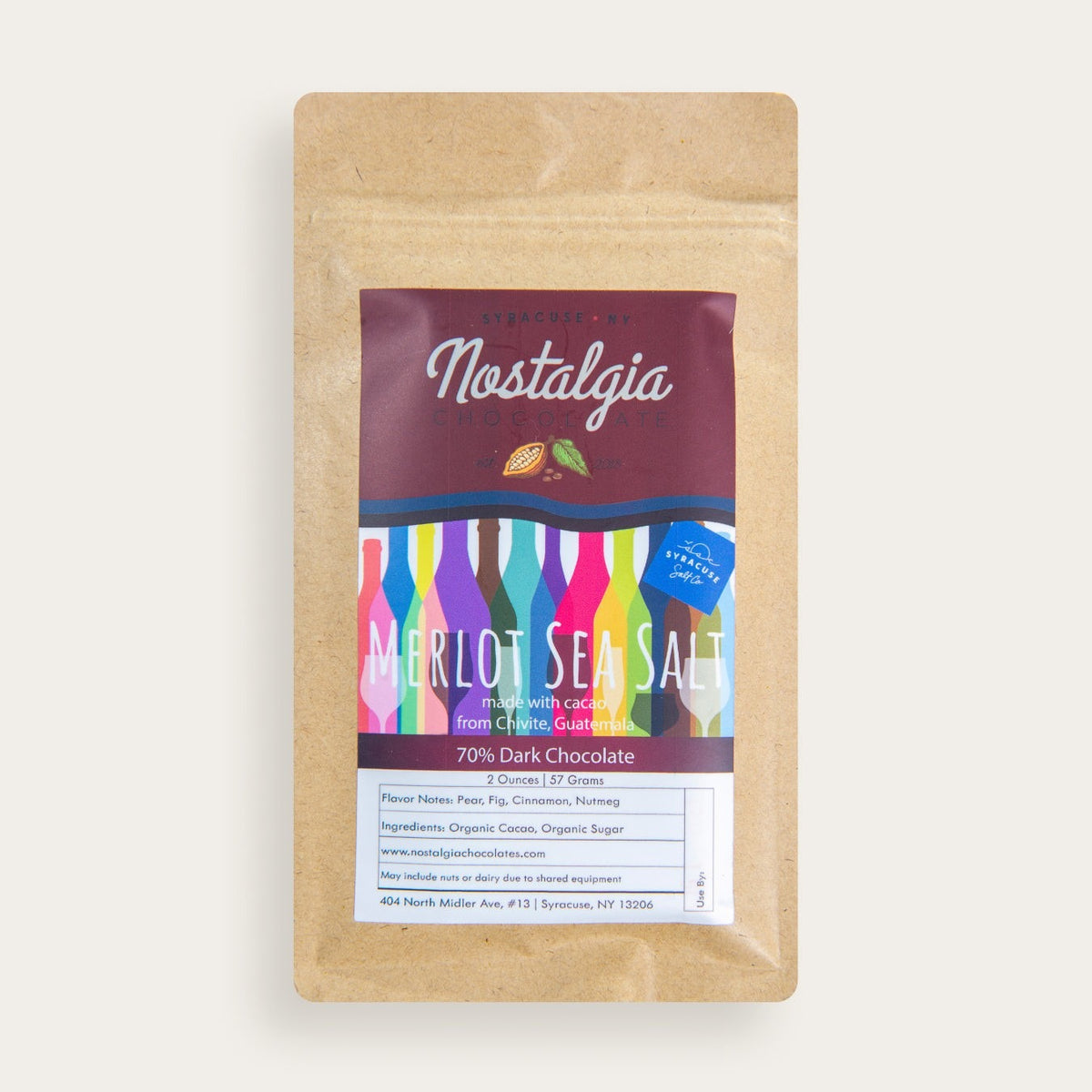 Nostalgia Chocolates Guatemala 70% Merlot Sea Salt Chocolate Bar, front of the package