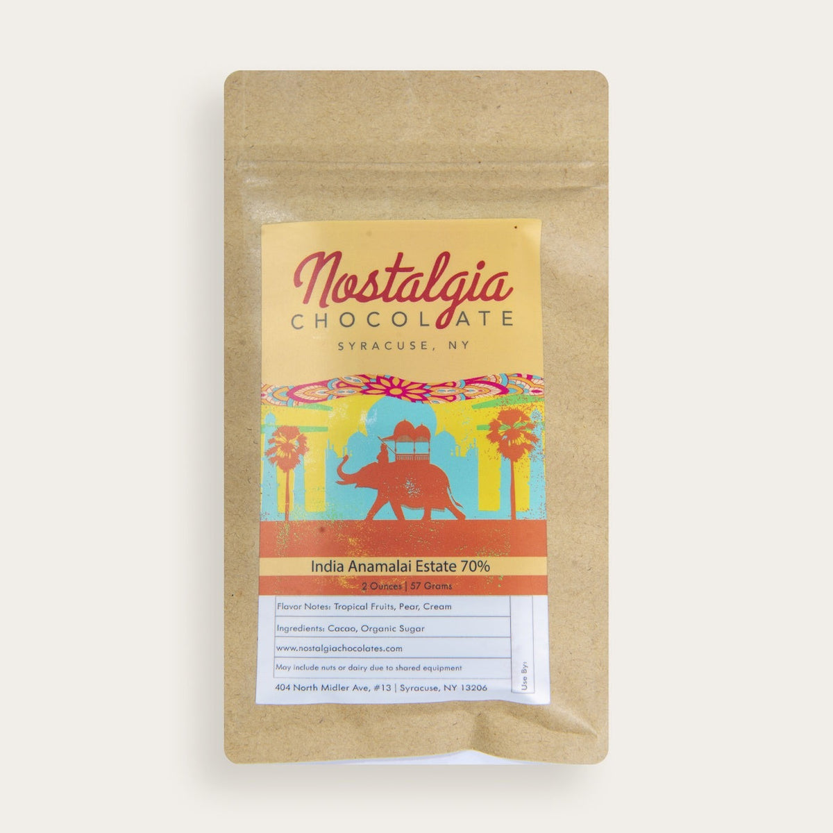 Nostalgia Chocolates India Anamalai Estate 70% Dark Chocolate Bar, front of the package