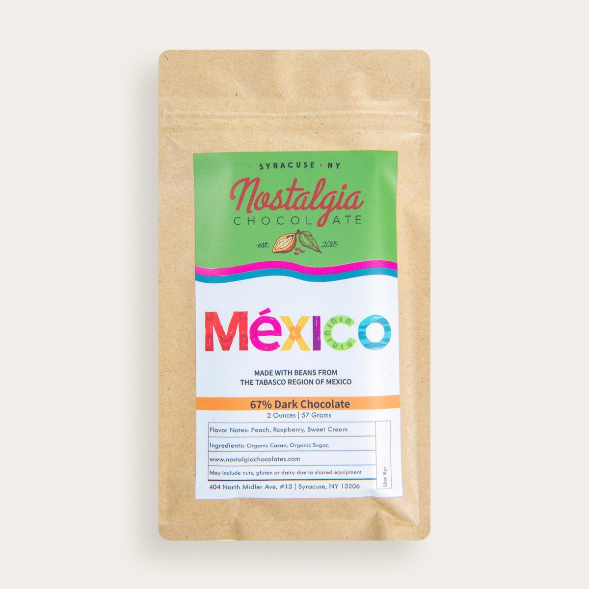 Nostalgia Chocolates Mexico Tabasco Region 67% Dark Chocolate Bar, front of the package