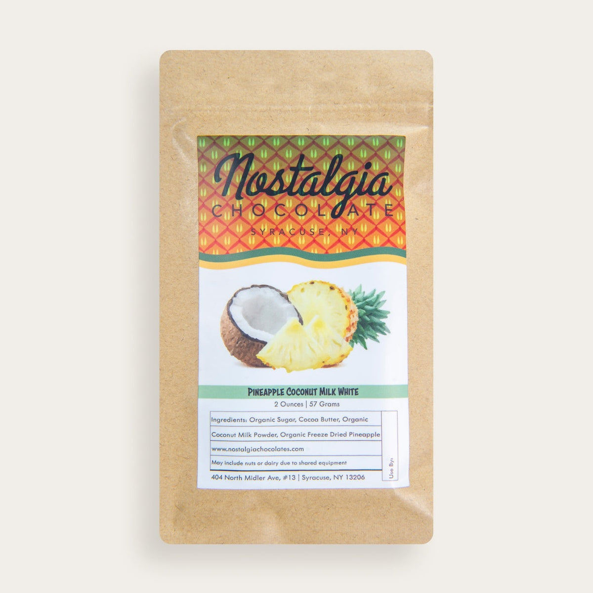 Nostalgia Chocolates Pineapple Coconut Milk White Chocolate Bar, front of the package