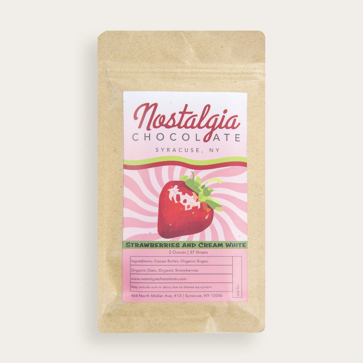 Nostalgia Chocolates Strawberries & Cream White Chocolate Bar, front of the package