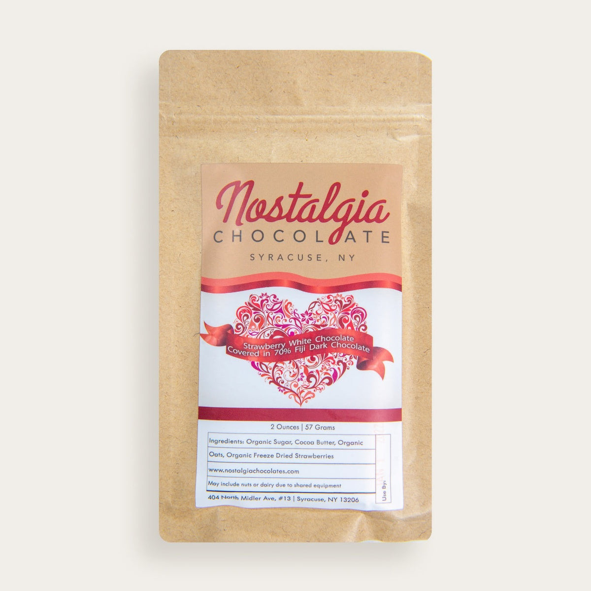 Nostalgia Chocolates Strawberry Covered Dark Chocolate Bar, front of the package