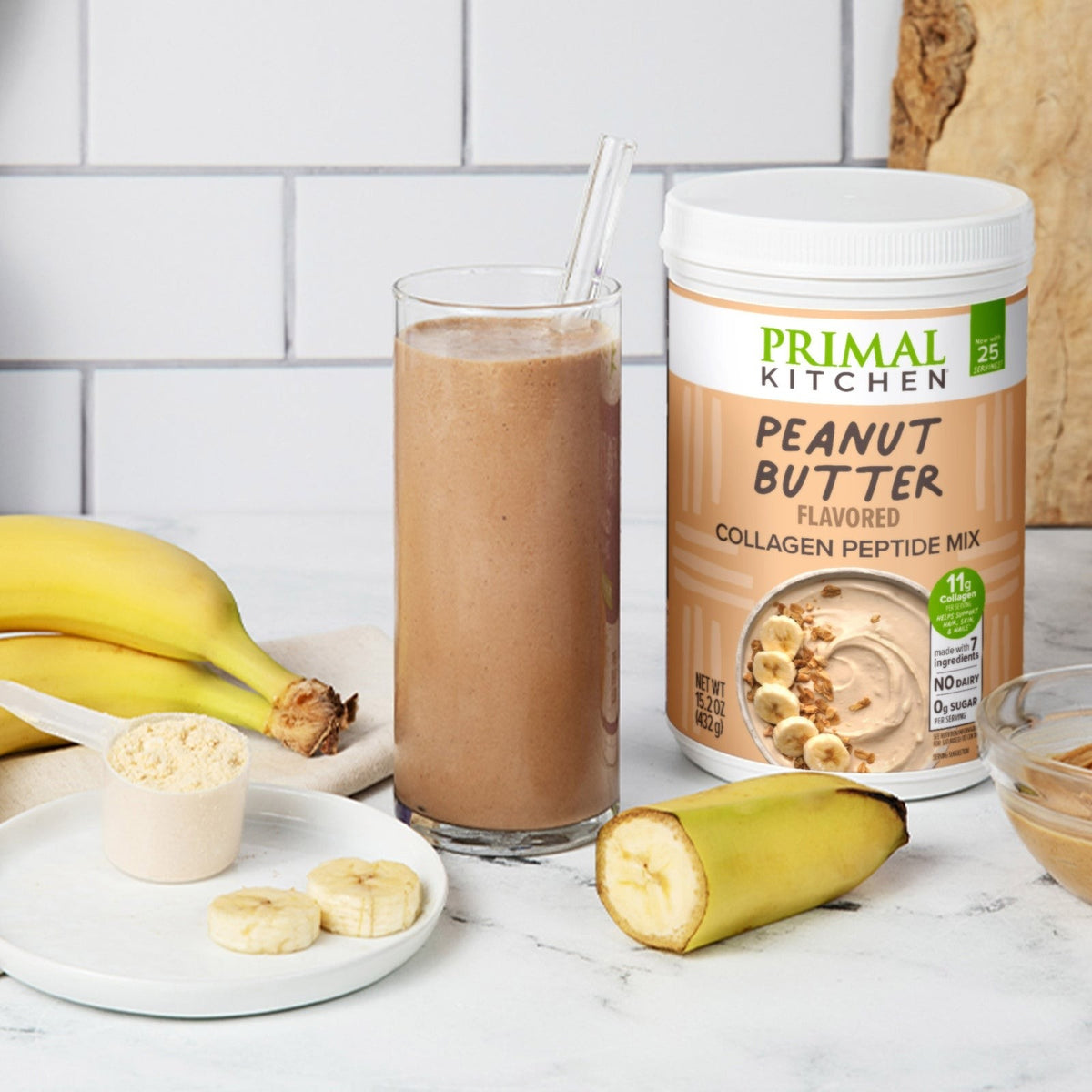 Back of the Primal Kitchen Collagen Fuel Drink Mix, Peanut Butter package, with ingredients and brewing instructions