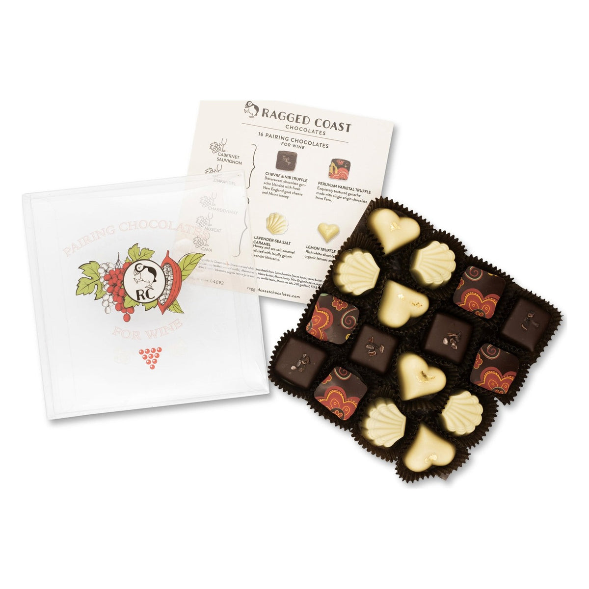 Close-up of Ragged Coast Chocolates Wine Pairing Chocolates as it comes out of the package