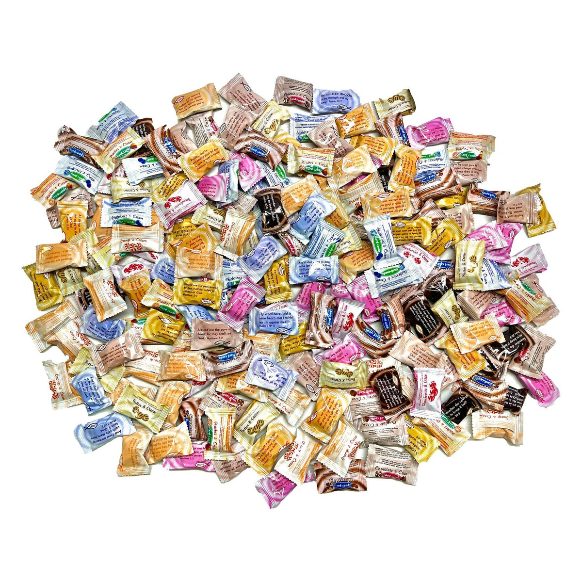 Close-up of Scripture Candy Assorted Cream Hard Candy, 7 Flavors as it comes out of the package