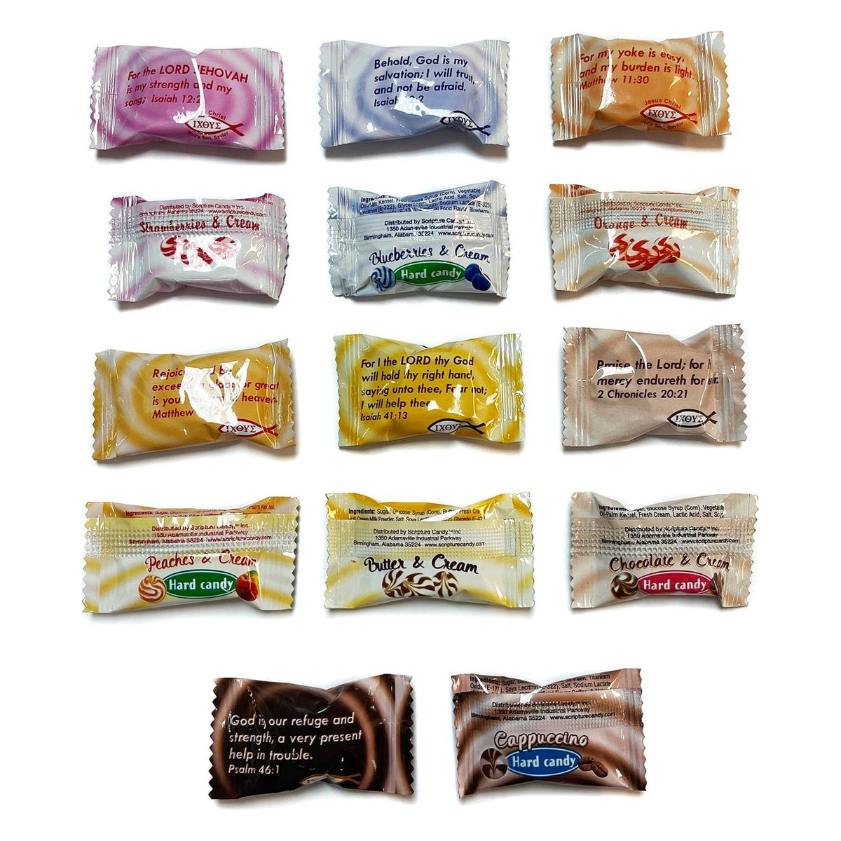 Close-up of Scripture Candy Assorted Cream Hard Candy, 7 Flavors as it comes out of the package