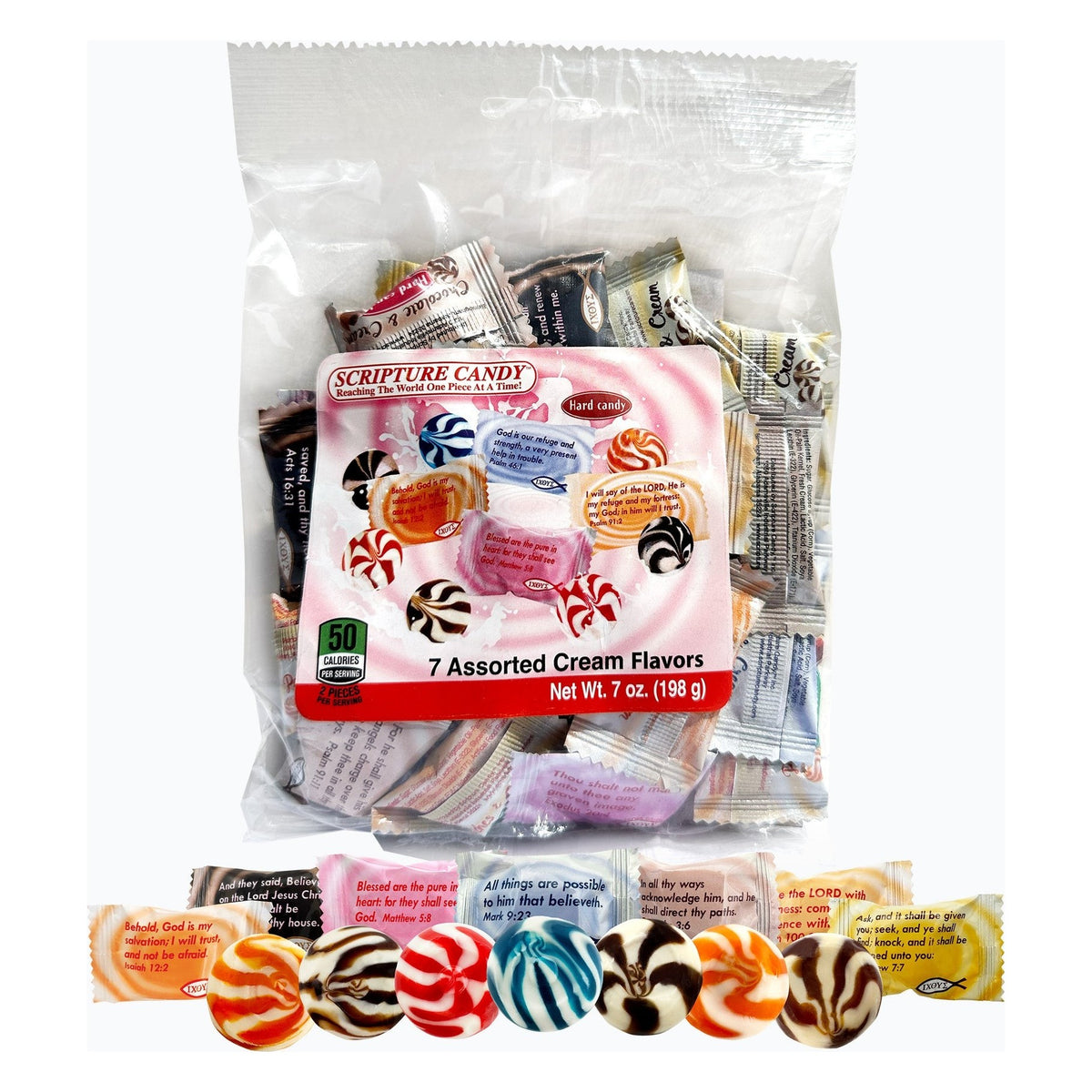 Scripture Candy Assorted Cream Hard Candy, 7 Flavors, front of the package
