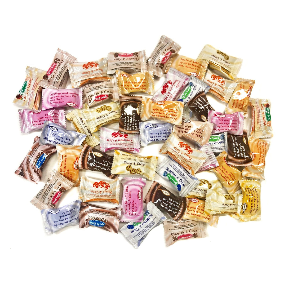 Close-up of Scripture Candy Assorted Cream Hard Candy, 7 Flavors as it comes out of the package