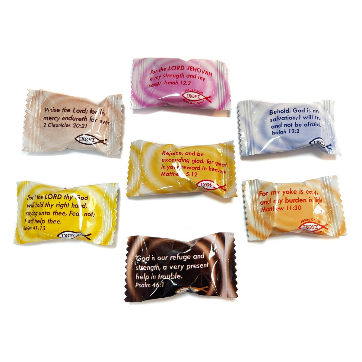 Close-up of Scripture Candy Assorted Cream Hard Candy, 7 Flavors as it comes out of the package