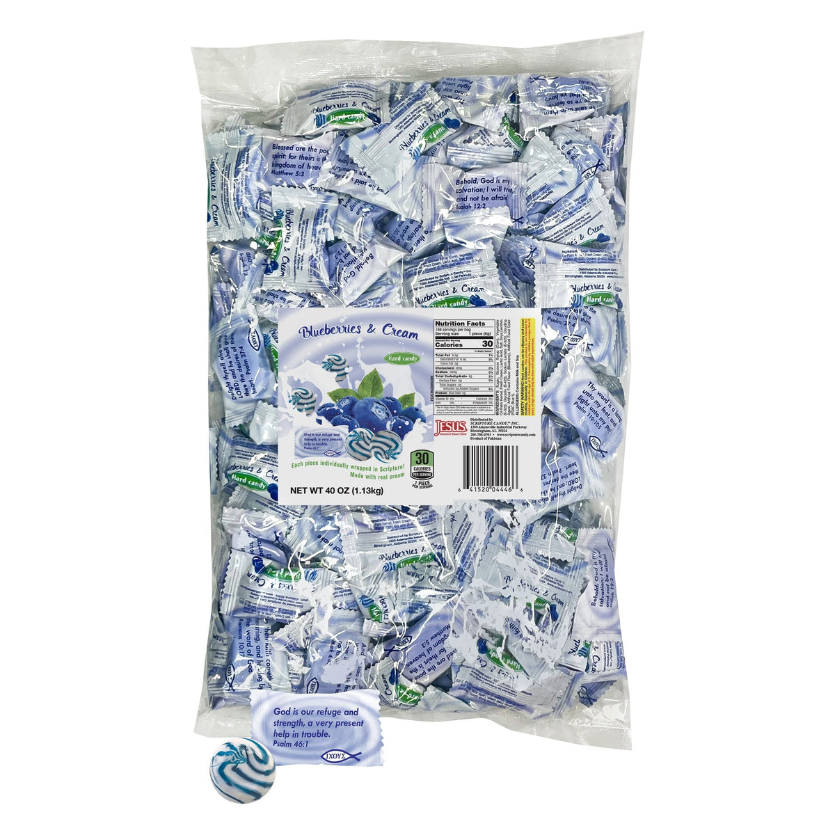 Scripture Candy Blueberries & Cream Hard Candy, front of the package