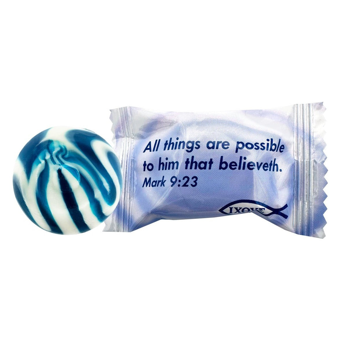 Close-up of Scripture Candy Blueberries & Cream Hard Candy as it comes out of the package