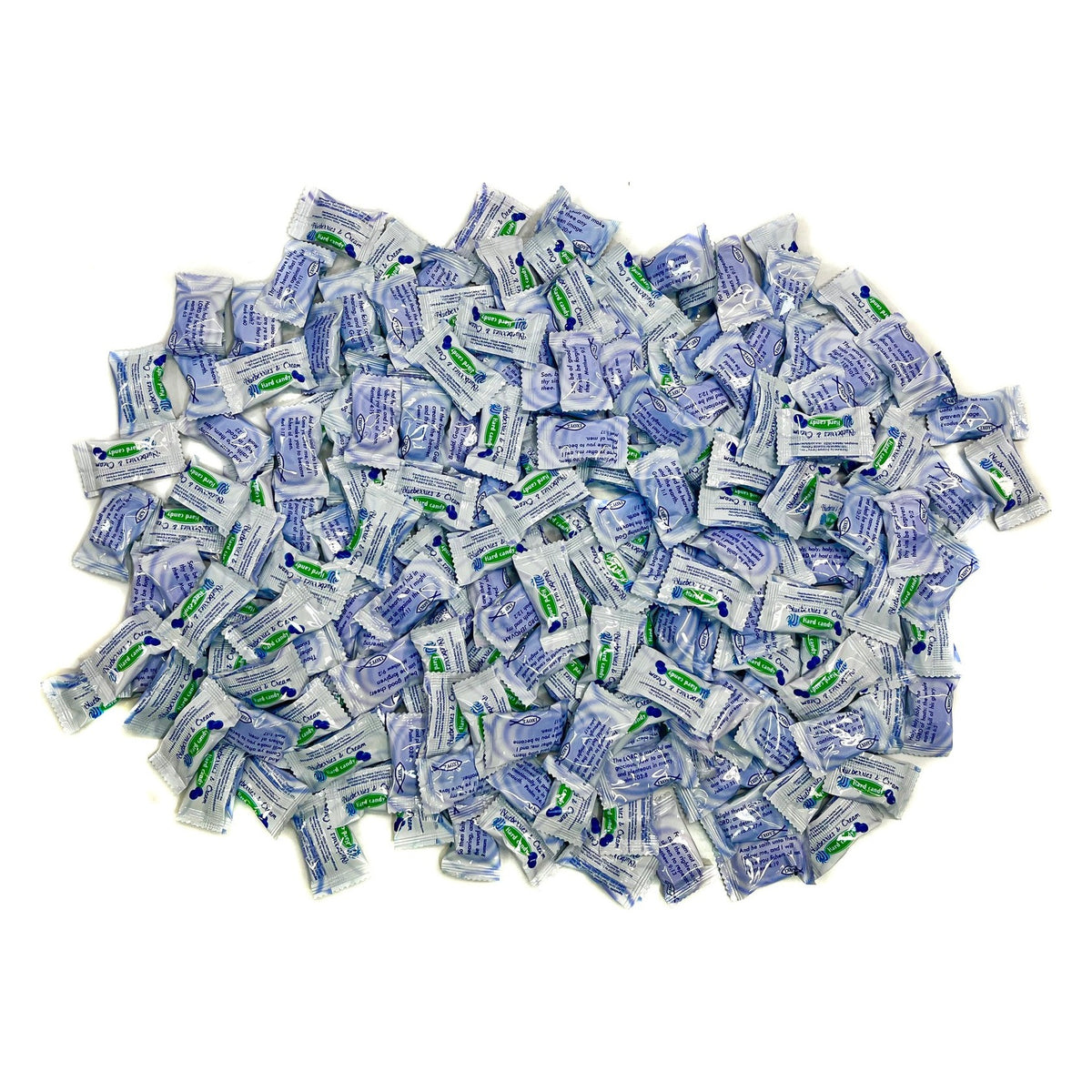 Close-up of Scripture Candy Blueberries & Cream Hard Candy as it comes out of the package