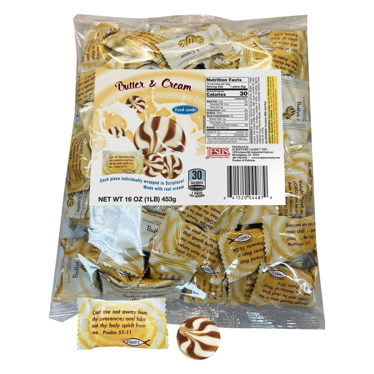 Scripture Candy Butter & Cream Hard Candy, front of the package