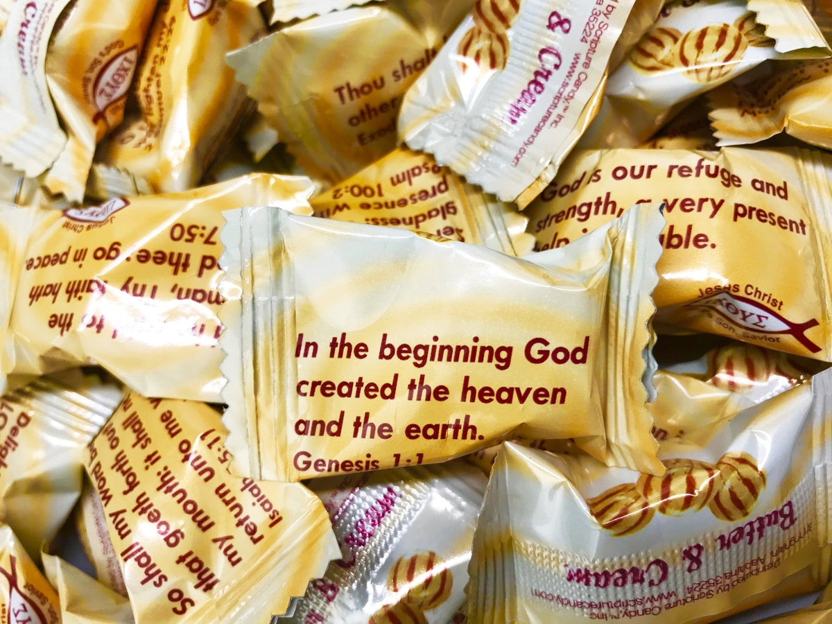 Close-up of Scripture Candy Butter & Cream Hard Candy as it comes out of the package
