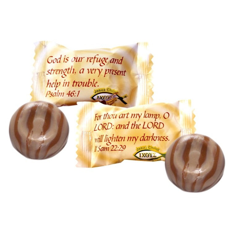 Close-up of Scripture Candy Butter & Cream Hard Candy as it comes out of the package