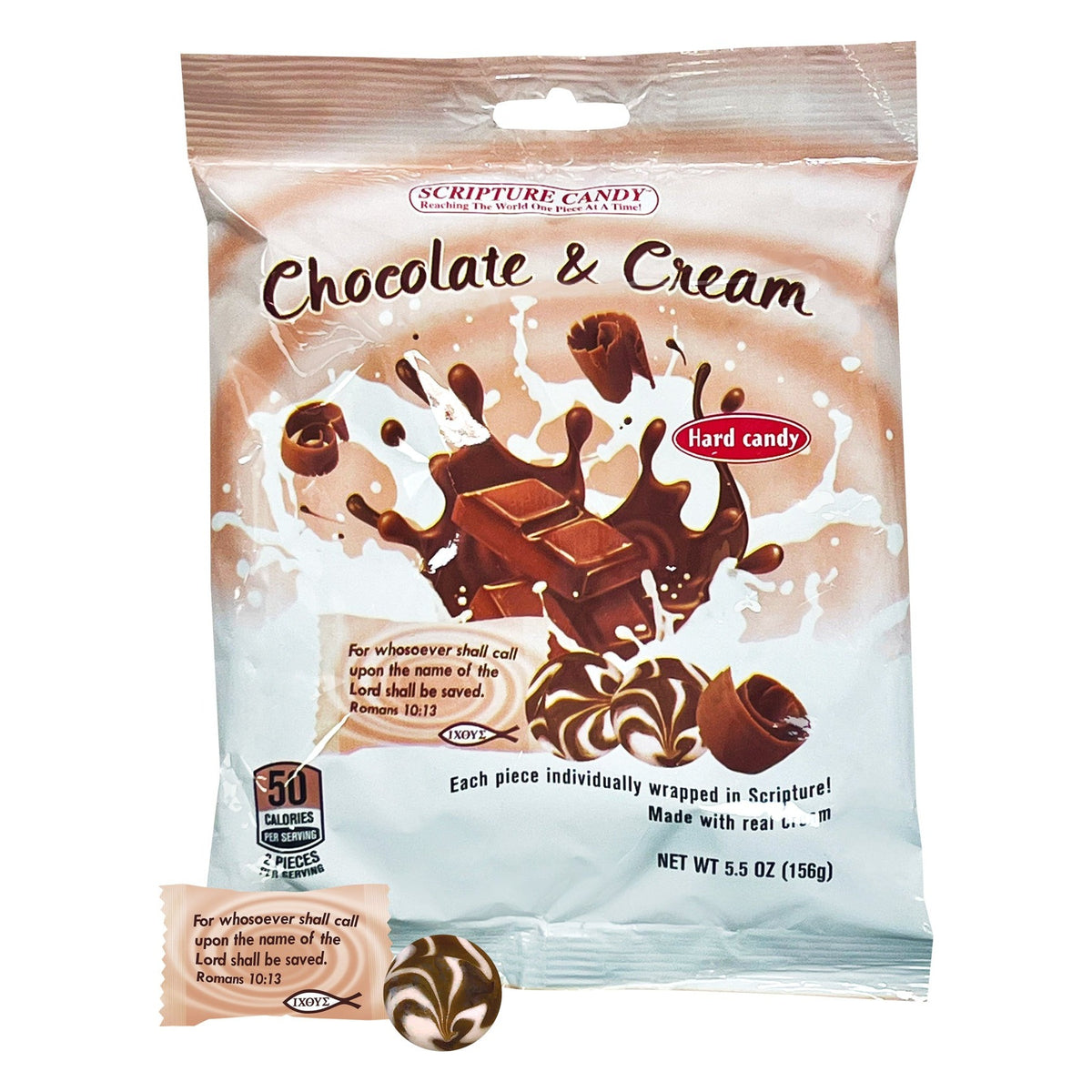 Scripture Candy Chocolate & Cream Hard Candy, front of the package