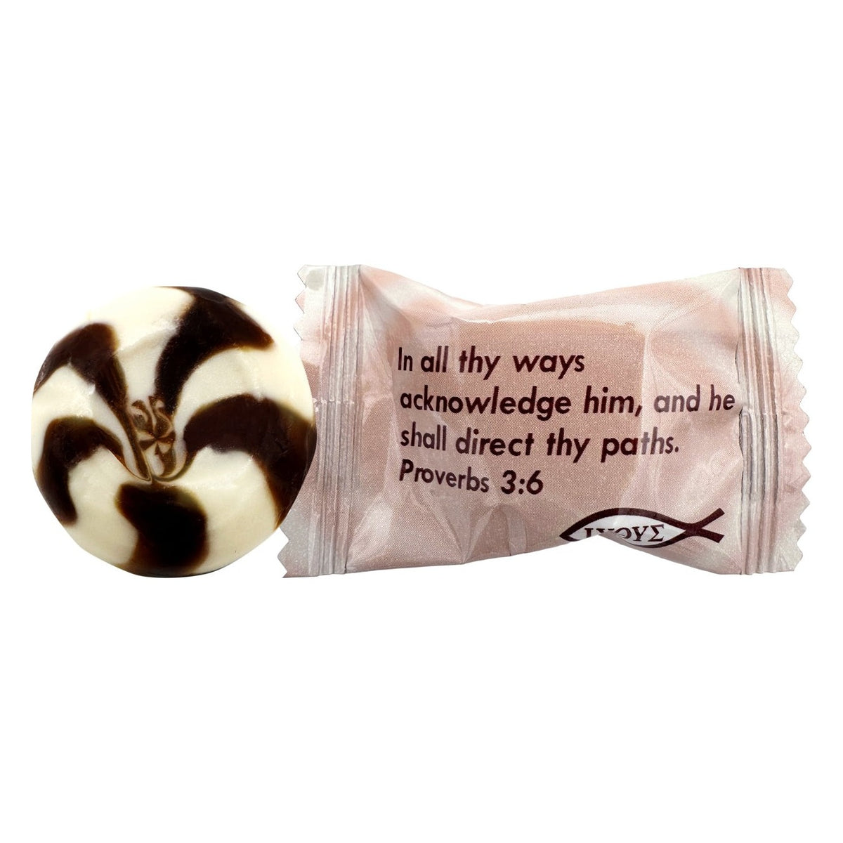Close-up of Scripture Candy Chocolate & Cream Hard Candy as it comes out of the package