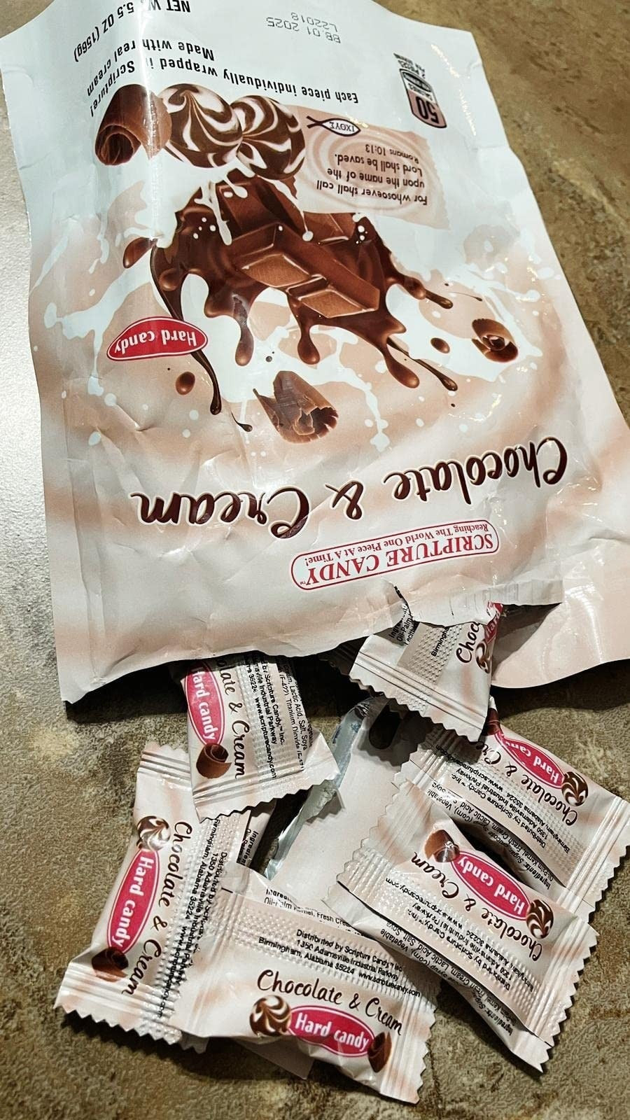 Scripture Candy Chocolate & Cream Hard Candy shown in use