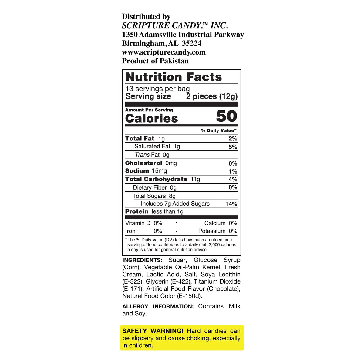 Nutrition facts and ingredient panel for Scripture Candy Chocolate & Cream Hard Candy