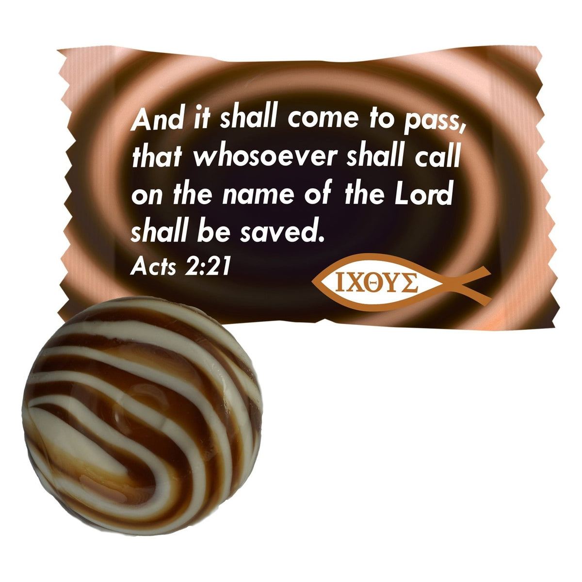 Close-up of Scripture Candy Cappuccino Hard Candy as it comes out of the package