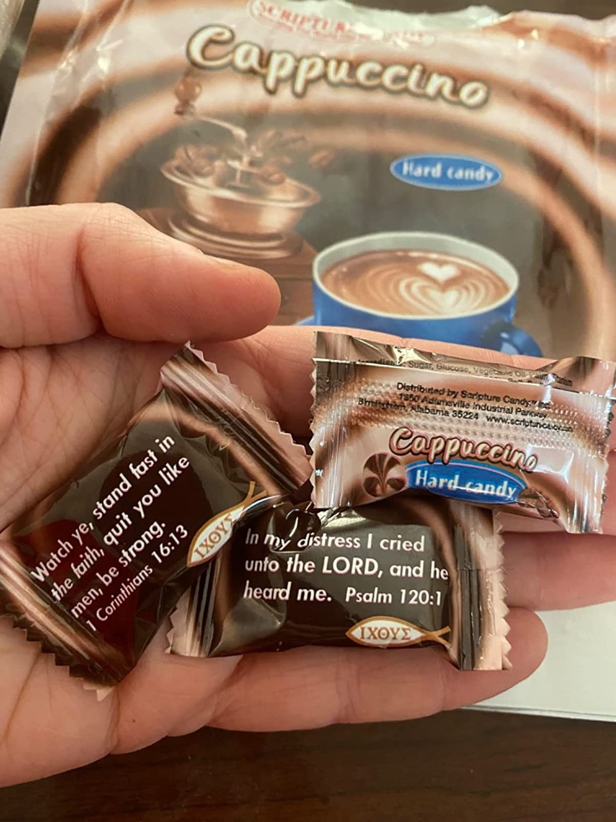 Scripture Candy Cappuccino Hard Candy shown in use