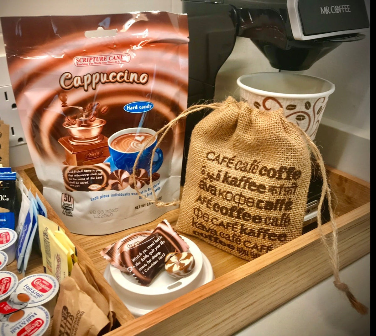 Scripture Candy Cappuccino Hard Candy shown in use