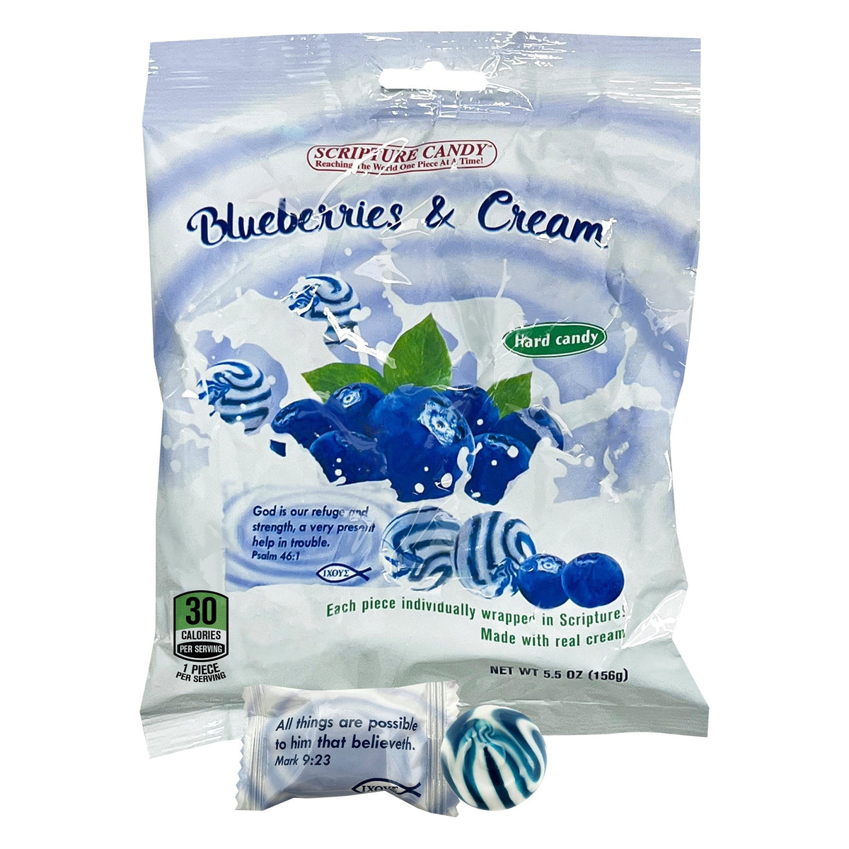 Scripture Candy Blueberries & Cream Hard Candy, front of the package