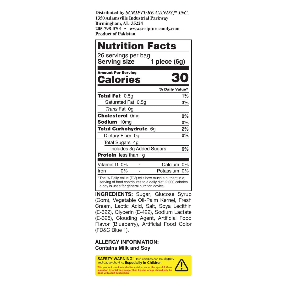 Nutrition facts and ingredient panel for Scripture Candy Blueberries & Cream Hard Candy