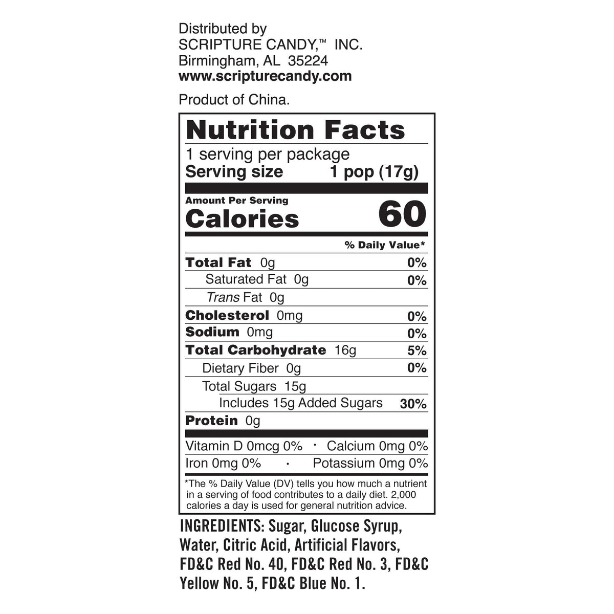 Nutrition facts and ingredient panel for Scripture Candy Easter Cross Sampler